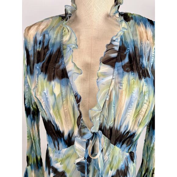 Y2k Coquette LARGE Sheer Ruffle Blouse Blue Long Sleeve Tie Front Crepe Fairy - Picture 3 of 8